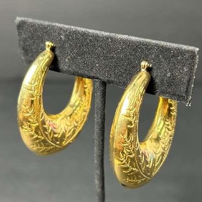 14K Gold Large Engraved Hoop Earrings, Hollow - 1.75" Long
