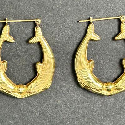 14K Gold Dolphin Hoop Earrings, Hollow - 1.25" Long
