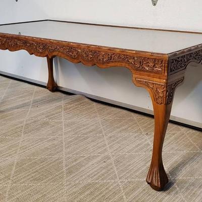 Carved Wood Coffee Table With Glass Top - 42x20x17”