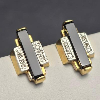 14K Gold Onyx & Diamond Art Deco Style Earrings -.5" Long