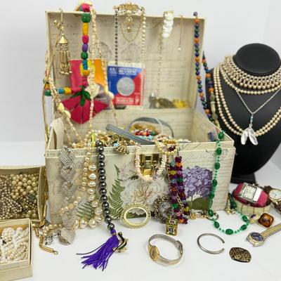 Jewelry, Watches, Beads & Baubles for Crafting - Box Full Broken Necklaces, Earring Singles, Pouches