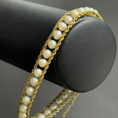 14K Gold Rope Chain Banded 4.3mm Cultured Pearl Bracelet - 6 3/4"