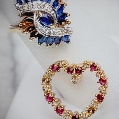 10K Gold Sapphire & Diamond Ring, Size 6; Ruby & Diamond Heart Pendant - Missing Stones