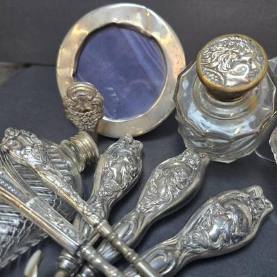 Vintage Sterling Silver & Silver Plate Vanity, Including Art Nouveau Set with Stands