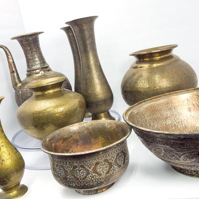 Chased Brass Collection: Vases, Bowls, Ewer