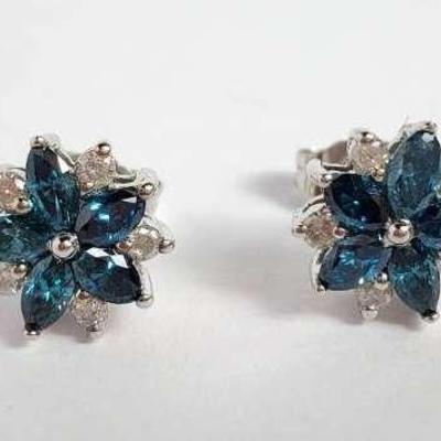 10K Gold Diamond & Blue Stone Cluster Earrings With 10K Backs