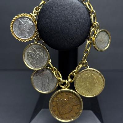 14K Gold Sapphire Accented Charm Bracelet with U.S. & Foreign Coins - 7"