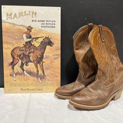 Biltrite Cowboy Boots + Marlin Tin Sign