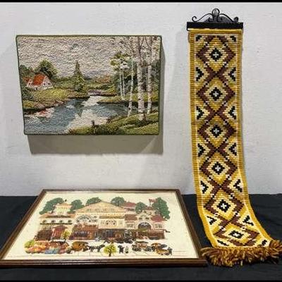 Vintage Crewel, Embroidery Pieces + Wall Hanging