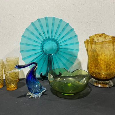 MCM Blue Ribbed Glass Footed Centerpiece And More