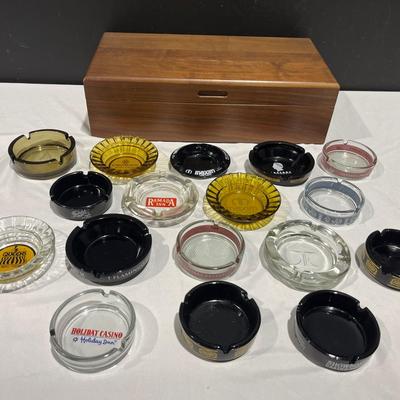 Vintage Casino Ash Tray Collection and Genuine American Walnut By Fideltone Box