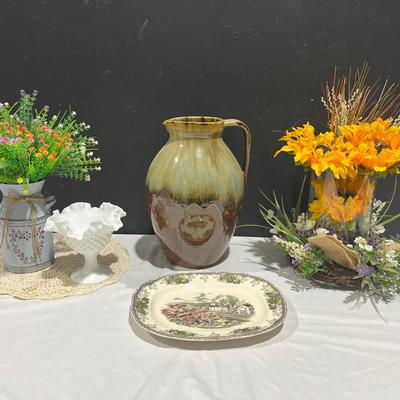 Johnson Bros England Plate, Milk Glass Compote, Pottery Jug & Floral Decor