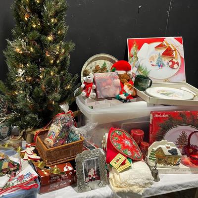 Christmas Mystery Lot- Fenton Basket, Kirk Stieff Frame, Lighted Tree, Mikasa And So Much More