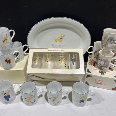 Pottery Barn Reindeer Platter, Cups, Glasses + Dunoon Made In Scotland Mugs