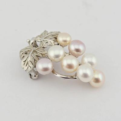 Sterling Silver Pearl Grape Brooch Pin