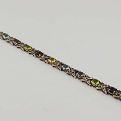 Sterling Silver Marcasite & Multi Color Glass Bracelet 