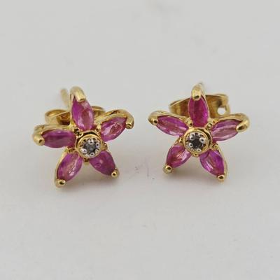 Sterling Silver 18kgp Diamond & Ruby Earrings 
