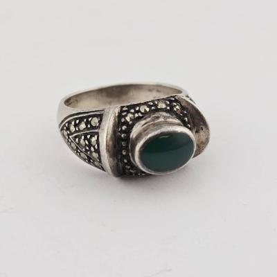 Sterling Silver Green Chalcedony Marcasite Ring