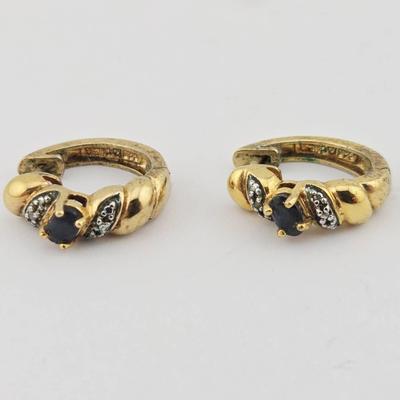 Sterling Silver Gold Vermeil Sapphire & Diamond Earrings 