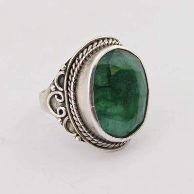 Large Green Sapphire Sterling Silver Ring