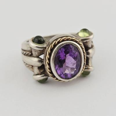 Sterling Silver 14k Gold 2 Carat Amethyst & Peridot Ring