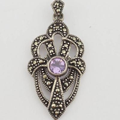 Sterling Silver Amethyst Marcasite Pendant 