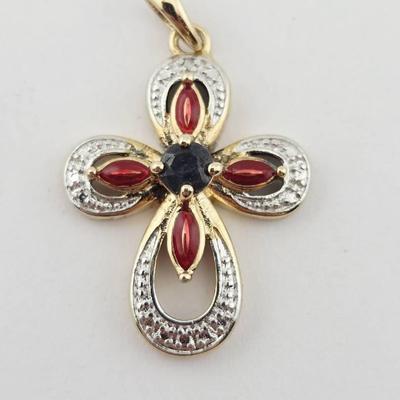 Sterling Silver Gold Vermeil Sapphire & Diamond Cross Pendant