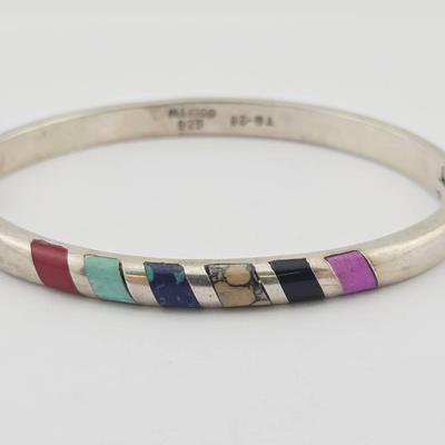 Sterling Silver Mexican Multi Stone Hinged Bracelet 