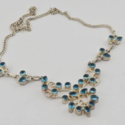 Sterling Silver Ornate Vintage Blue Glass Necklace 