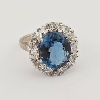 6 Carat Blue Topaz With White Topaz Accent Stones Sterling Silver Ring