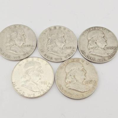 5 Franklin Half Dollars 1949-1961