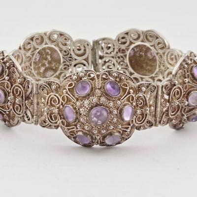 Sterling Silver Very Ornate Filigree Amethyst Panel Bracelet 