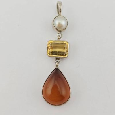 Sterling Silver 2 Carat Citrine Amber & Pearl Pendant 