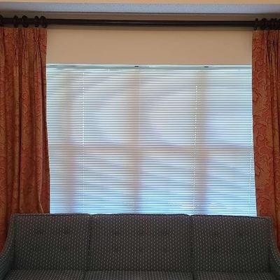 Red Damask Curtains with Wooden Rod