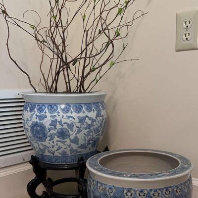 Pair of Asian Porcelain Fishbowls with Wooden Stand