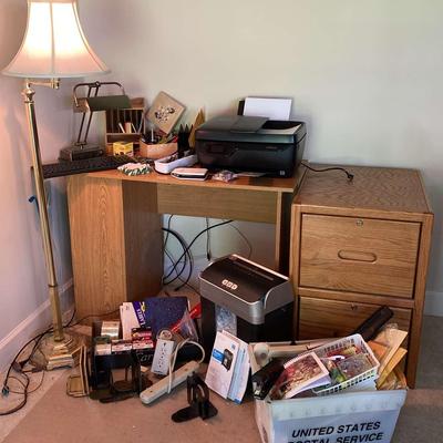 Home Office Furniture & Electronics – Desk, File Cabinet, Lamps, Printer & Shredder