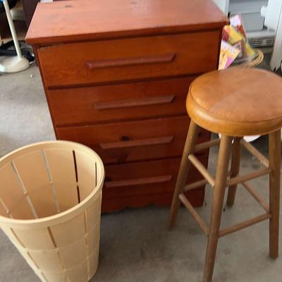 Wooden Four-Drawer Chest, Stool, and Laundry Hamper