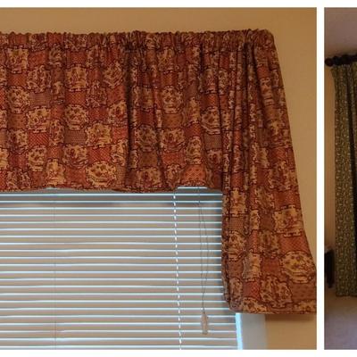 Green Floral Floor-Length Curtains with Wooden Rod & Asian Valance