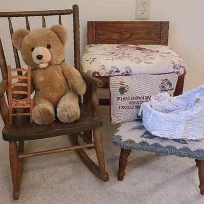 Vintage Wooden Bench, Child’s Rocker & Doll Collection