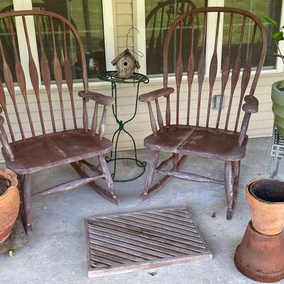 Pair of Wooden Rocking Chairs with Flower Pots and Garden Accents