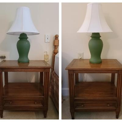 Pair of White Fine Furniture Nightstands with Green Table Lamps