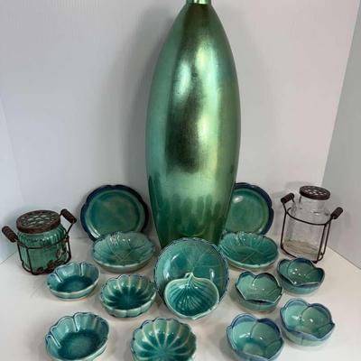 Pier 1 Vase with Assorted Turquoise Ceramic Dishes