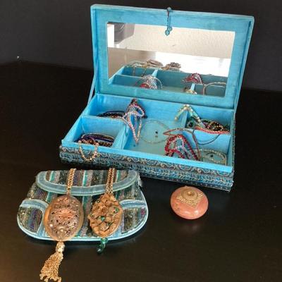 Bohemian Jewelry Lot – Beaded Jewelery Box And Purse, Bracelets, And Trinkets