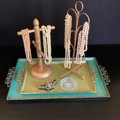 Jewelery Display Lot - Pearl Necklaces, Trinket Holders And MCM Enamel Trays 