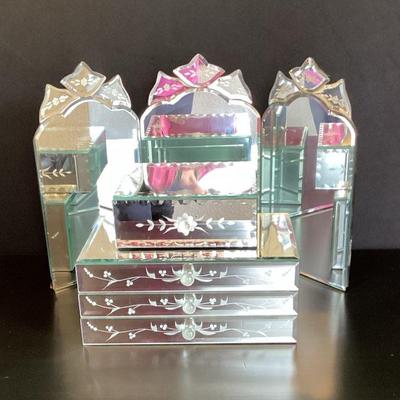 Vintage Venetian Style Mirrored Jewelry Boxes Floral Etching & Folding Vanity Mirrors
