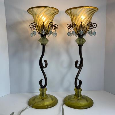 Pair of Vintage-Style Resin Table Lamps with Amber Swirl Shades & Blue Beaded Accents