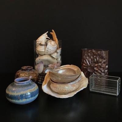Boho Coastal Home Decor - Seashell Collection, Pottery Bowls & Glass Vases