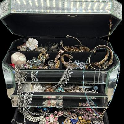 Mirrored Jewelry Box Full Of Fancy Costume Jewelry!