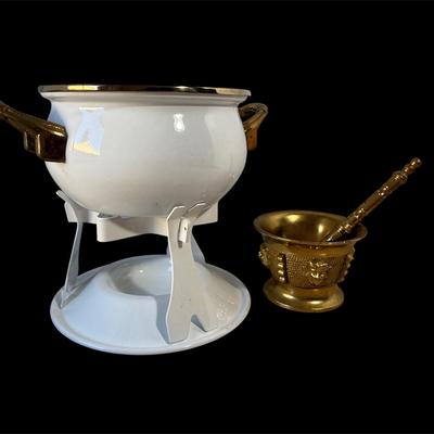 Porcelain Fondue Pot with Brass Accents & Brass Mortar and Pestle