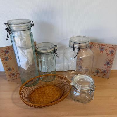 Vintage Glass Storage Jars & Woven Basket Set